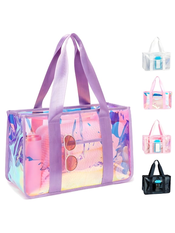 Iridescent Clear Beach Bag for Women, Large Pool Tote Cruise Vacation Essentials Beach Bags Waterproof Sandproof, Purple