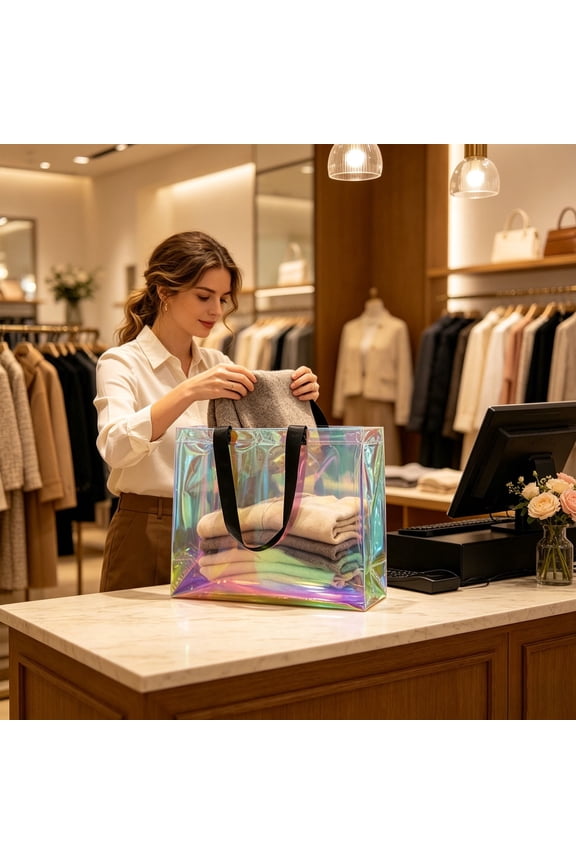 Iridescent Pvc Tote Bag Holographic Clear Jelly Handbag Rainbow Laser Shoulder Bag Summer Beach Waterproof Fashion Transparent Carry Purse Iridescent Beach Bag