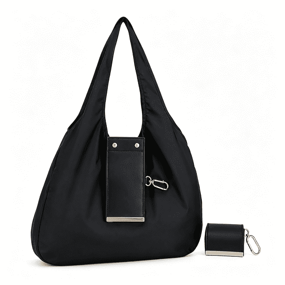 AOMRCOL Keychain Tote Bag, Black Foldable Shopping Bag with Pouch and Clip | Foldable Reusable Tote Bag with Attached Storage Pouch and Clip for Groceries, Errands, Travel and Everyday Carrying.
