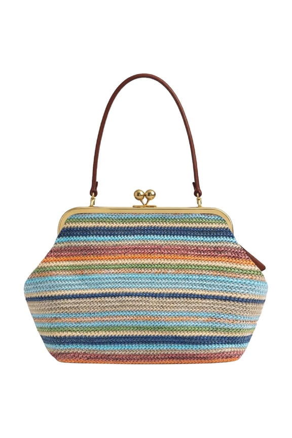 Kiss Lock Woven Straw Handbag, Large Capacity Rainbow Striped Shoulder Bag with Metal Frame, Summer Beach Purse for Women