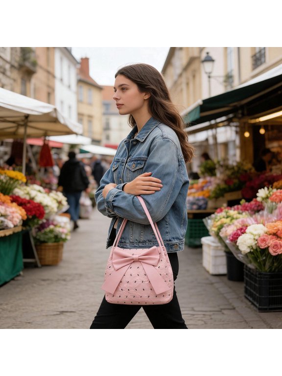 Large Capacity Bow Tote Bag, Stylish Wrap Shoulder Bag, Commuter Work Bag, White Pink Options, Women'S Fashion Handbag