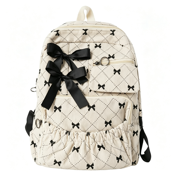 AOMRCOL Large Capacity Corduroy Backpack with Bow,Lightweight 15.75 inch Laptop Bag for Women,Aesthetic Daypack for College Travel white backpack (White)
