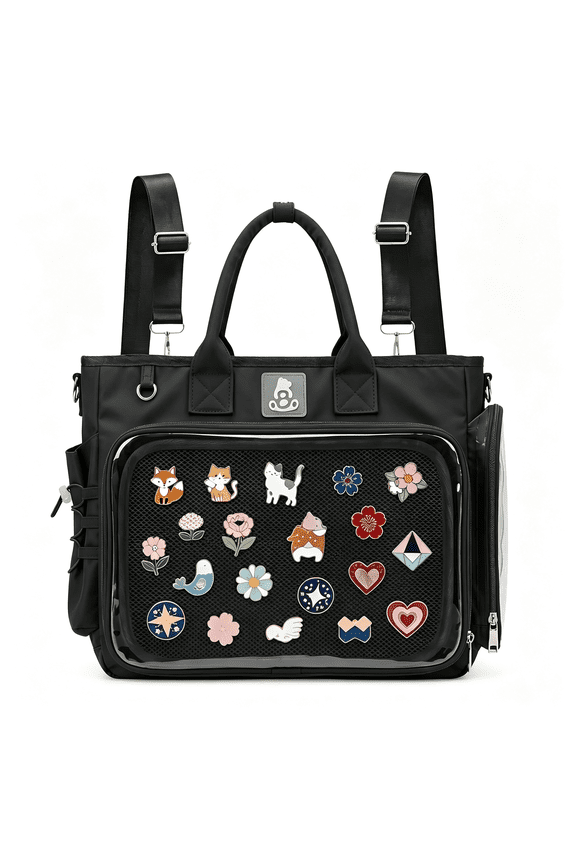 Large Ita Bag Crossbody Backpack with Insert, 4-Way Convertible Pin Display Backpack with Clear Window for Kawaii,Cosplay & Anime Convention (Pins Not Included), Black