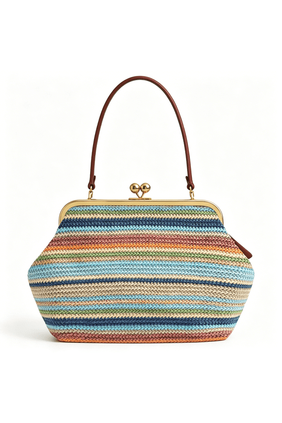 Large Straw Kiss Lock Tote Bag for Women-Summer Beach Shoulder Bag with Kisslock Closure,Handbag&Messenger