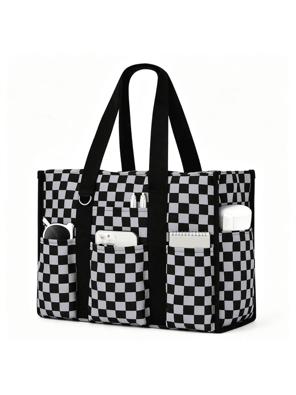 Large Tote Bag for Women Waterproof with 12 Pockets Top Zipper Closure Utility Teacher Nurse Bags for Work School Checkered Tote Bag for Women