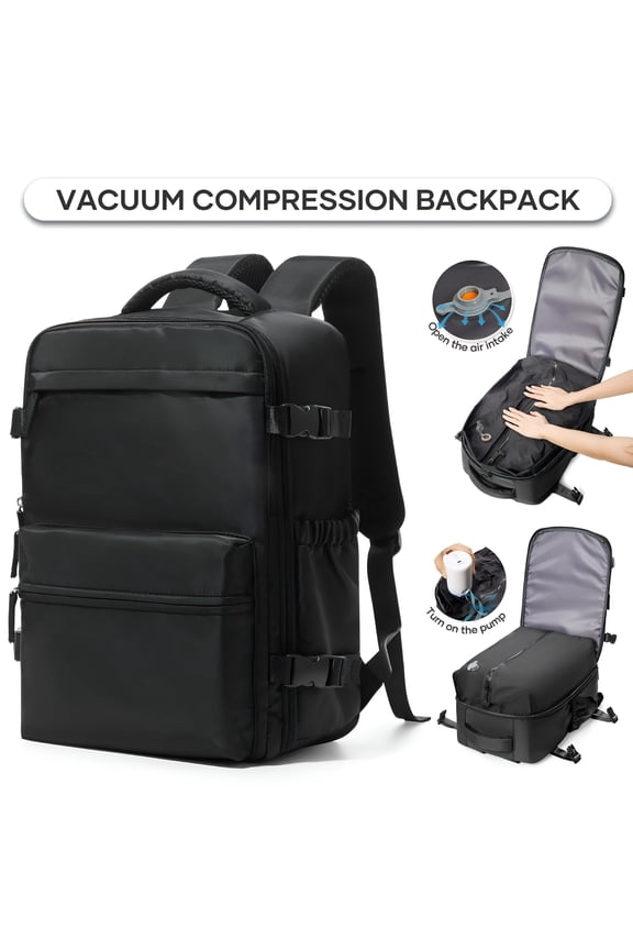 Large Vacuum Travel Backpack with Pump for Women,Airback Personal Item Carry on Backpacks Flight Approved 18X14X8 Inches for Men,Laptop Waterproof Work Compression Bags Casual Daypack,Black