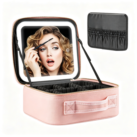 AOMRCOL Makeup Travel Train Case with Mirror Led Light 3 Adjustable Brightness Large Cosmetic Bag Portable Storage Adjustable Partition Waterproof Makeup Brushes Make Up Jewelry Gift for Women