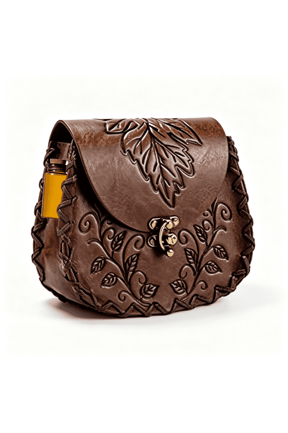 Medieval Renaissance Leaf Embossed Leather Belt Pouch with Potion Bottle,Larp Elf Cosplay Waist Bag for Ren Faire Potion Belt(Brown)