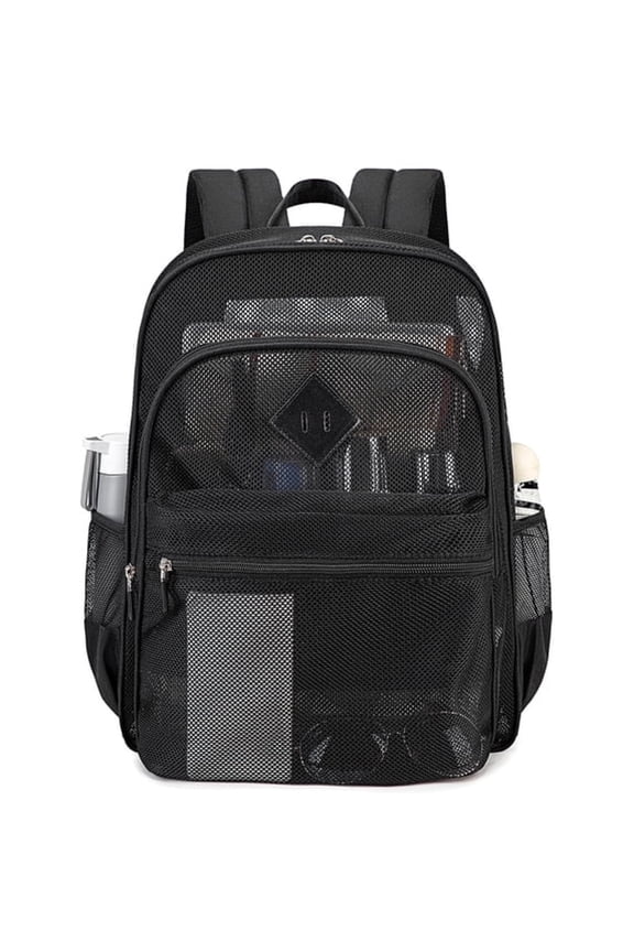 Mesh Backpack Heavy Duty See through School Backpacks Transparent Bookbag Semi-Transparent Net Book Bags for Swimming,Beach,Sports,Work,Travel,Black