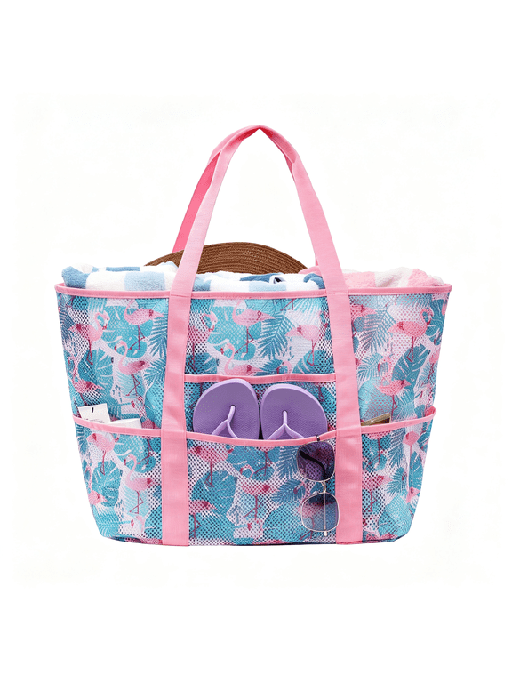 Mesh Beach Bag Family Large Travel Tote Bag for Beach, Pool Cruise 9 Pockets Quick Dry with Zipper Portable