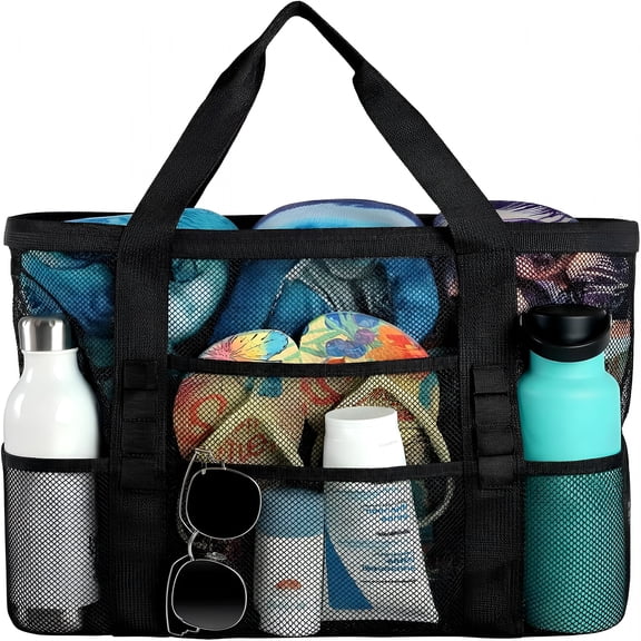 AOMRCOL Mesh Beach Bag Large 8 Pockets, Beach Tote Bag Essentials for Vacation