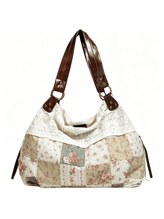 Patchwork Vintage Tote Bag for Women, Floral Aesthetic Tote Bag, Lace Fabric Cottagecore Purse, Cute Cloth Slouchy Shoulder Bag, Large Whimsical Everyday Purses