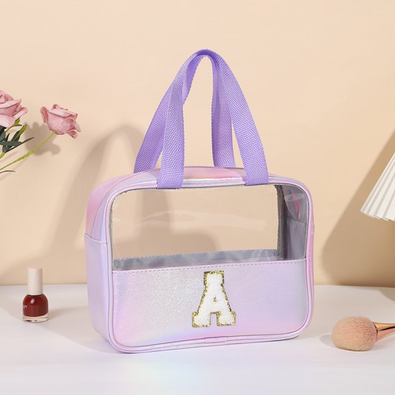 AOMRCOL Personalized Initial Makeup Bag Light Purple Clear A Large Travel Toiletry Bag, Cute Cosmetic Organizer Set for Girlfriend, Teacher, Teen Girl Gifts