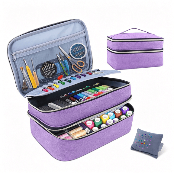 AOMRCOL Sewing Organizer Bag-11.5"X8"X6" Double-Layer Sewing Box with Storage for Scissors,Thread,Pins,Needles,Clips(Double-Layer Sewing Box Purple)
