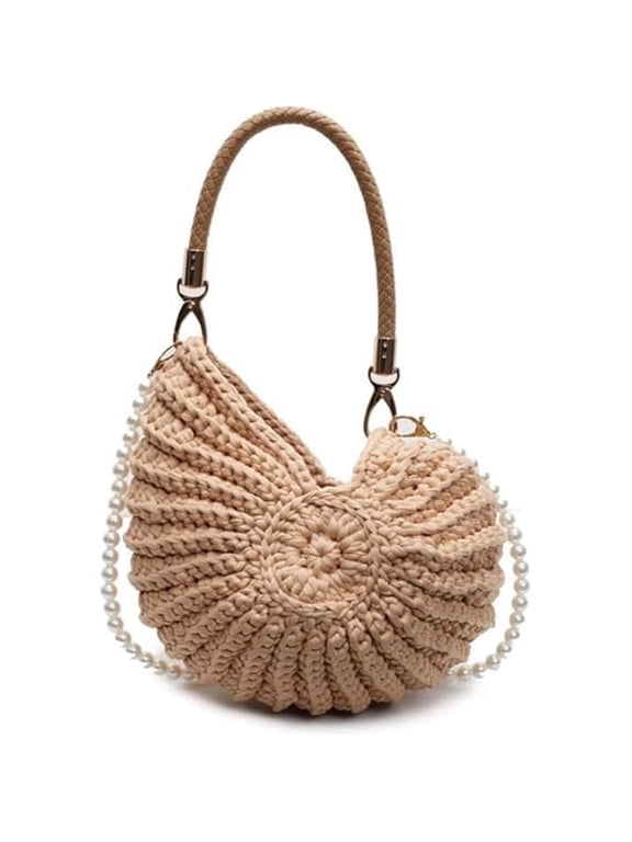 Shell Bag Seashell Bag Handwoven Crochet Shell Purse Summer Beach Tote with Pearl Strap Boho Clutch Shoulder Bag for Women,Khaki,1