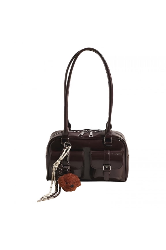 Shoulder Bags for Women,Brown Purse Bowler Bag,Faux Leather Shoulder Purse Tote Handbag with Pendant,Handle Underarm with Pockets