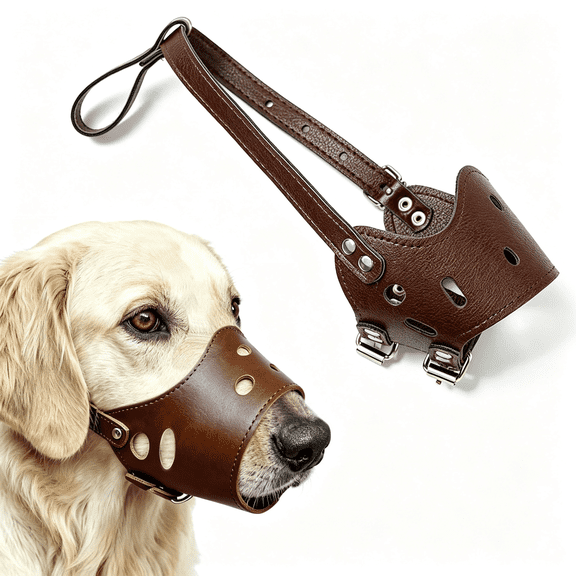 AOMRCOL Soft Pu Leather Dog Muzzles for Small Medium Large Dogs,Ajustable Breathable Dog Mouth Guard Cover to Prevent Biting Barking Chewing,Breathable Dog Muzzle for Large Dogs (Brown,4#L)