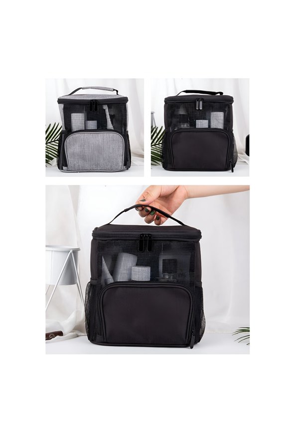 Solar Light Shower Bag Mesh Shower Caddy Portable Tote Bag for Bathroom, Gym, Travel, Camping Quick Dry Hanging Shower Organizer Basket Toiletry Bag, BlackGray