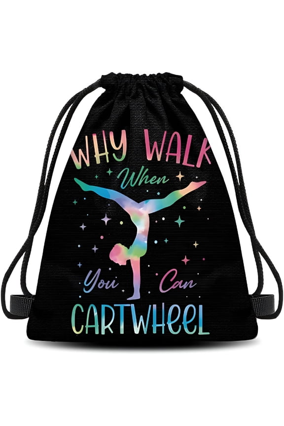 Sparkly Gymnastics Drawstring Bag Backpack Why Walk When You Can Cartwheel Tumbling Gymnastics Lover Sports Bags for Gym School Gym String Bag Daypack for Gymnast Birthday Christmas Gift
