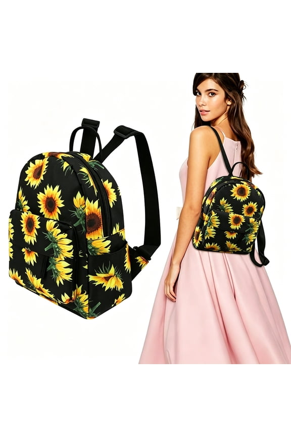 Sunflower Mini Backpack,Sunflowers Printing Backpack,Small Backpack Purse for Women,Cute Backpack Purse,Sunflower Rope Crossbody Shoulder Bag (Black Sunflower)