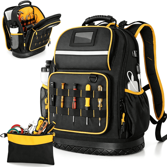 AOMRCOL Tool Backpack with Hard Bottom and a Tool Pouch,Heavy Duty Tool Bag with Multiple Pockets and Laptop Sleeve,Black Tool Backpack