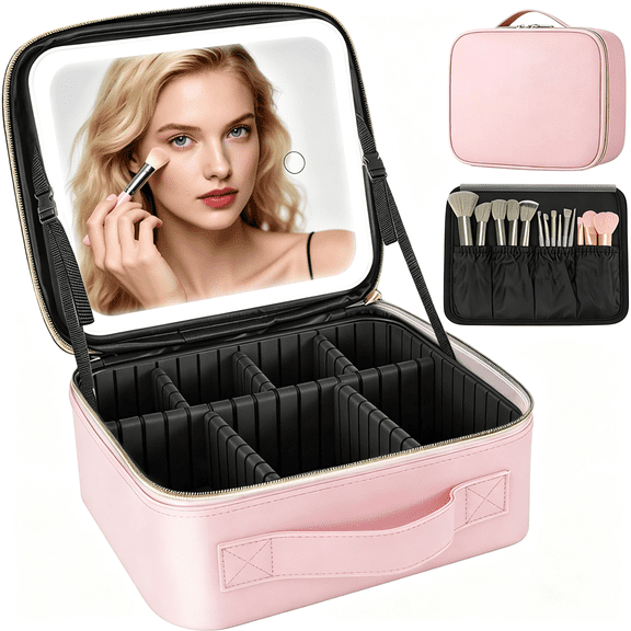 AOMRCOL Travel Makeup Bag with Led Mirror, 3 Color Adjustable Brightness, Waterproof Cosmetic Train Case with Adjustable Dividers & Brush Holder, Portable Organizer for Travel & Makeup Artists, Pink