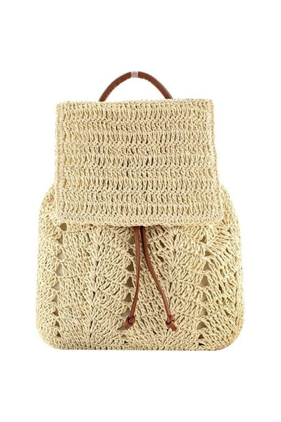 Women Medium Straw Handmade Woven Backpack Flap Drawstring Shoulders Bag Beach Daypack Summer Bags for Women