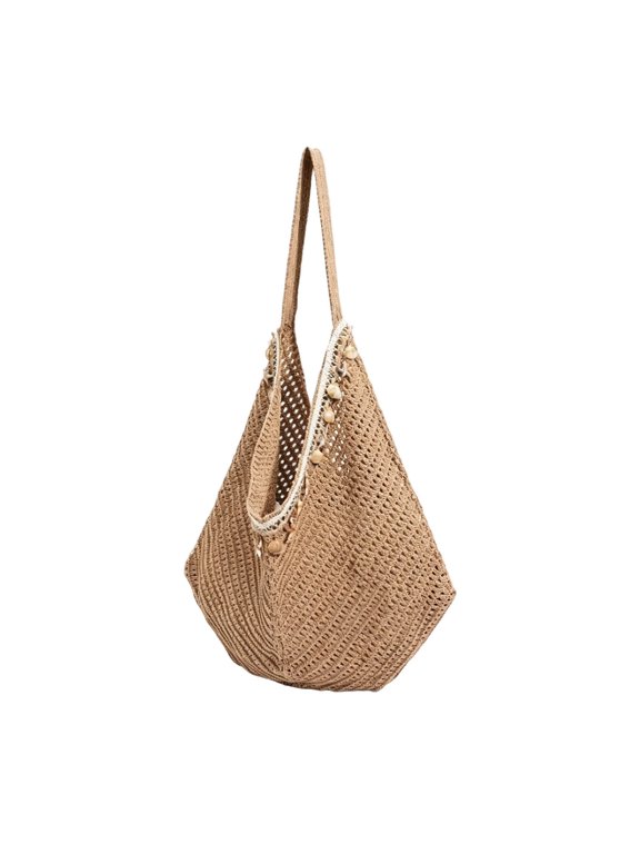 Women'S Crochet Woven Beach Tote Bag,Large Hollow Knit Shoulder Bag,Bohemian Straw Style Handbag with Shell Detail for Summer Travel Casual(Khaki/One Size)Crochet Beach Bag