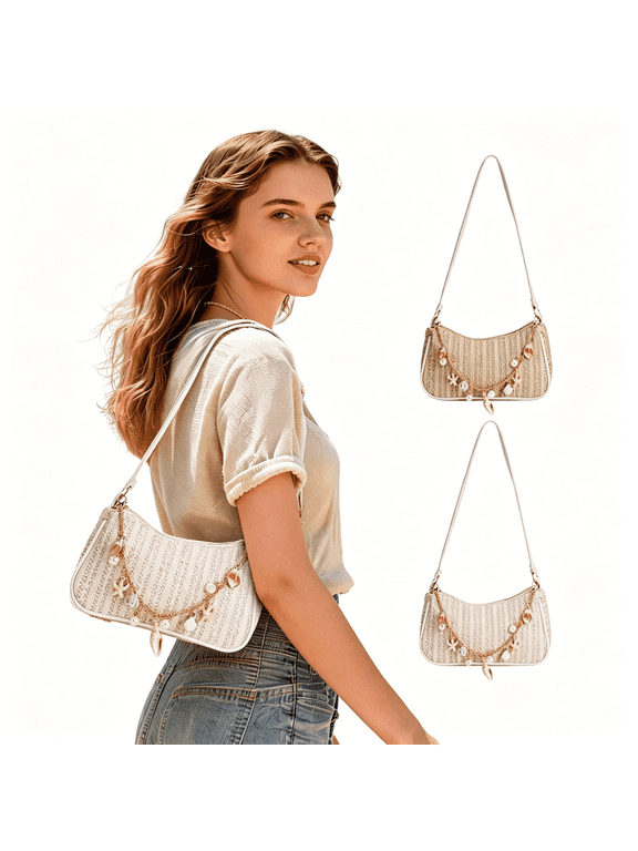 Women Straw Woven Shoulder Bag Summer Beach Handbag with Seashell Pearl Beaded Chain for Summer, Beach Vacation, Daily Use (White)