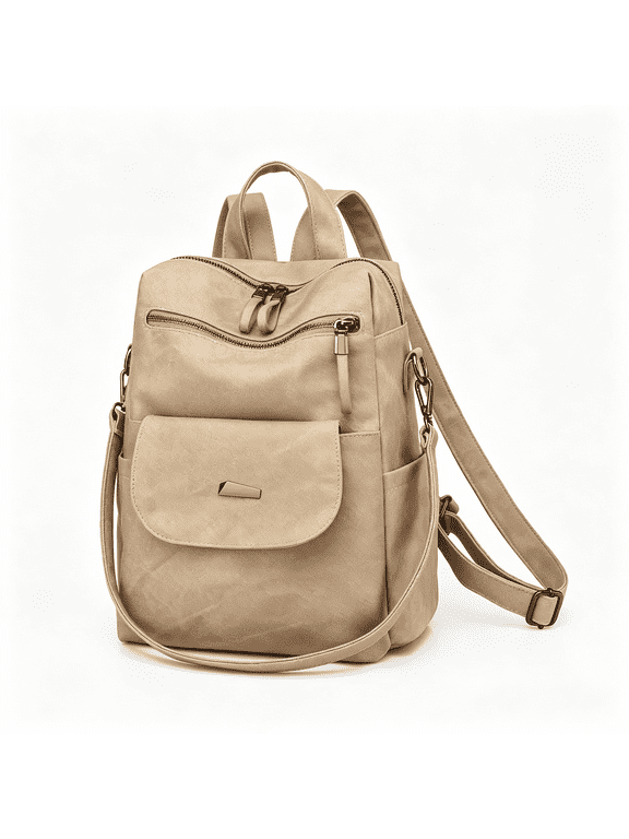 Women's Daily PU Backpack,Anti-Theft Back Pocket,Ergonomic Straps,Khaki