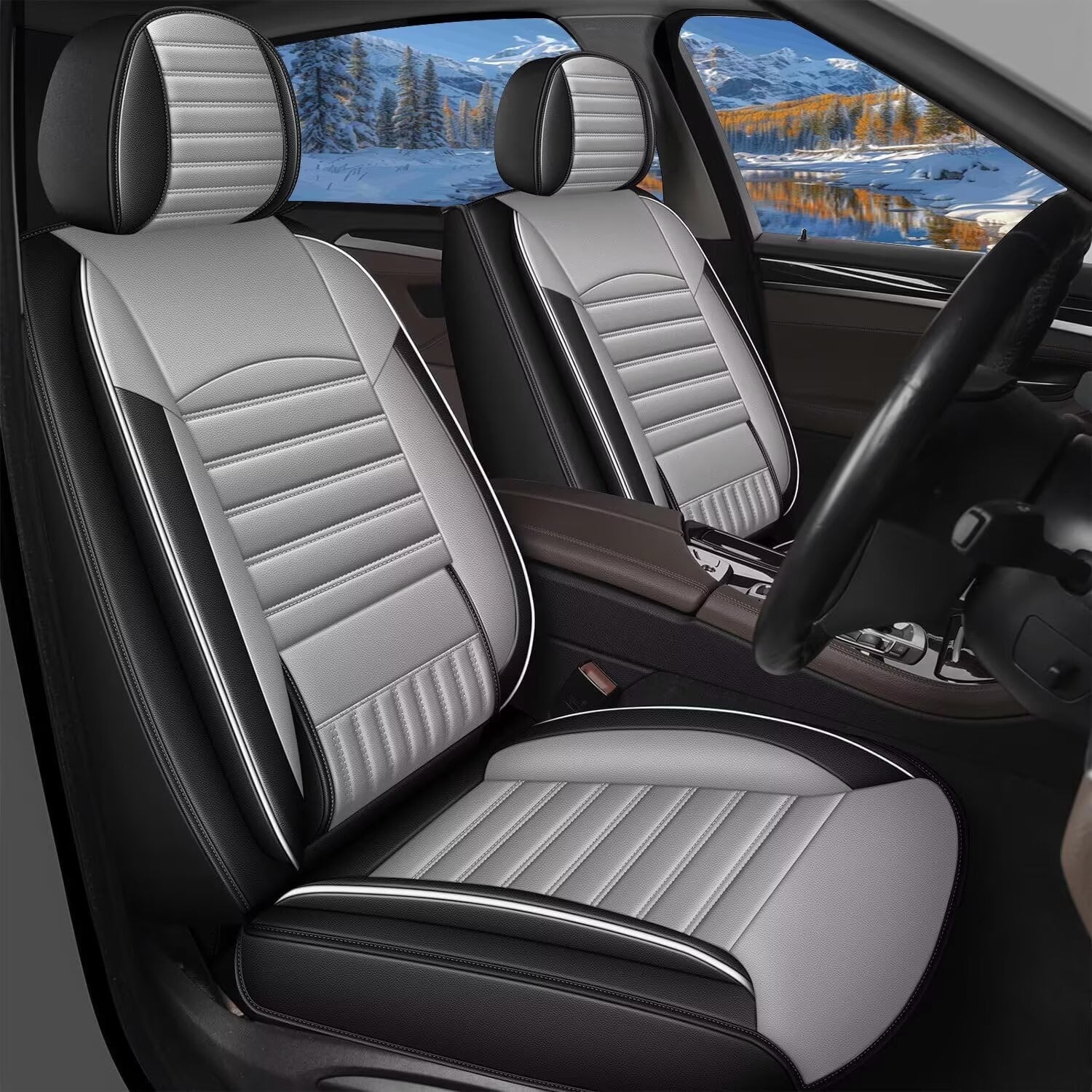 DIKSOAKR 2 Front Car Seat Cover Fit for Ford F-150 2009-2025: Faux Leather Seat Cushion with Lumbar Support Waterproof Seat Protector Compatible Airbag (Black&Gray)-First Row 2 Seats