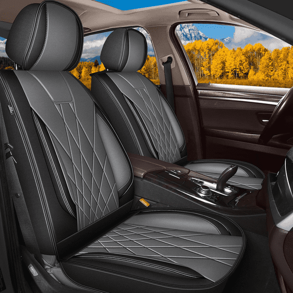 DIKSOAKR 2 Front Car Seat Covers Fit for Ford Mustang Mach-E 2021-2024 Faux Leather Front Seat Cushion with Airbag Compatible Automotive Interior Accessories (Black&Gray)