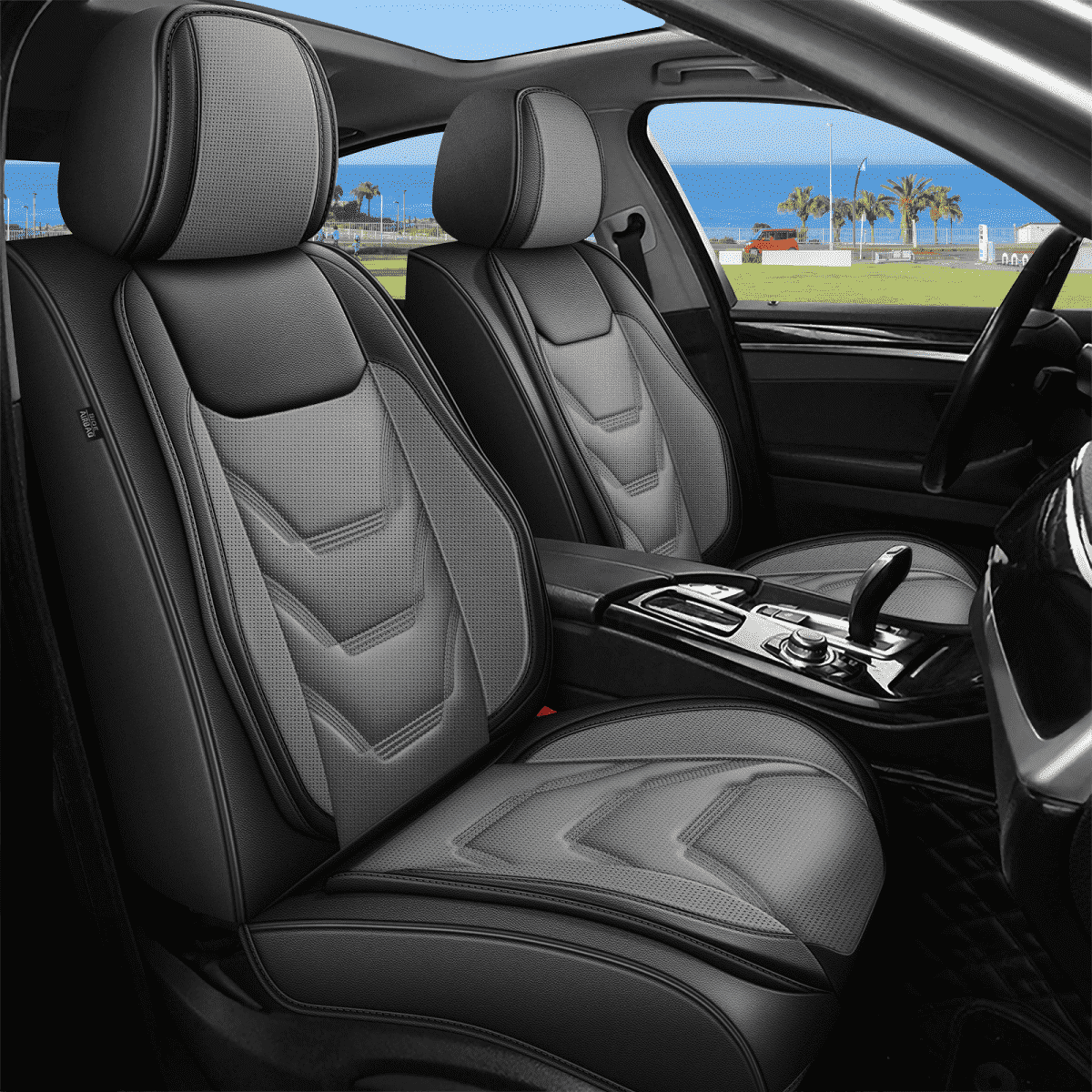 DIKSOAKR 2 Front Seat Car Seat Covers Fit for Toyota Tundra 2008-2024: Auto Interior Accessories, Waterproof Faux Leather Vehical Car Seat Cushions Cover（Black&Gray,2 PCS Front Only）