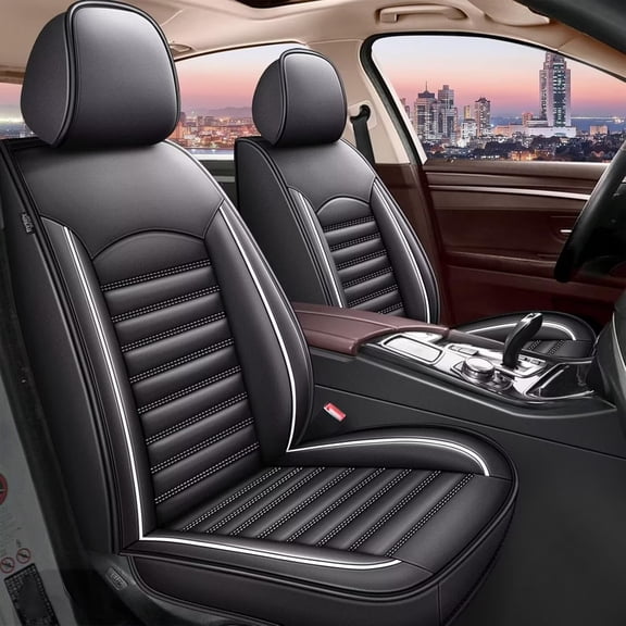 AOMSAZTO 2 Front Seat Cover Fit for Ford Taurus 2002-2019 | Faux Leather Seat Covers Waterproof Car Seat Covers Protector | Compatible with Airbag & Easy to Install (2 Seats, White Line)