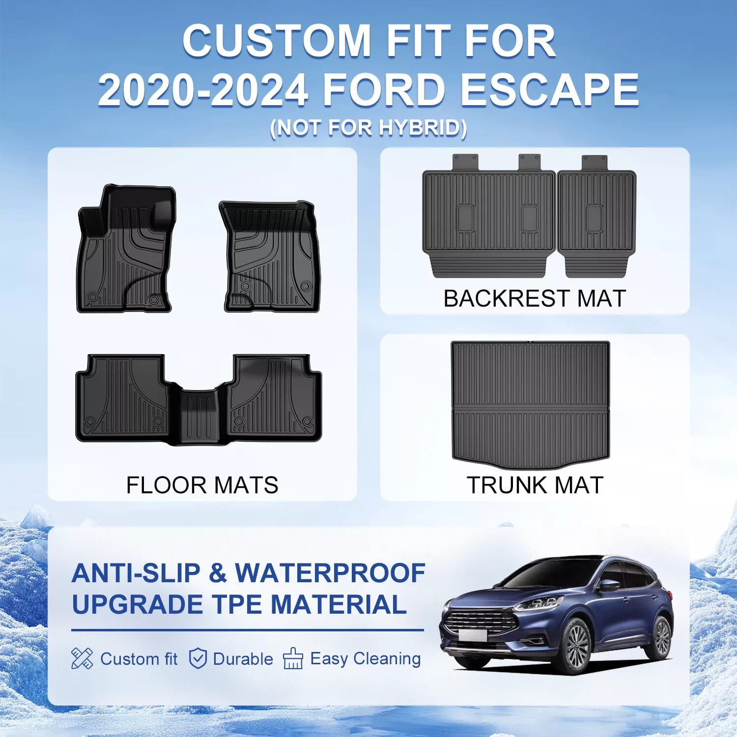 AOMSAZTO Car Floor Mats & Cargo Liner & Backrest Mat For Ford Escape 2020-2024 Row Trunk Mat Full Set TPE All Weather Protection