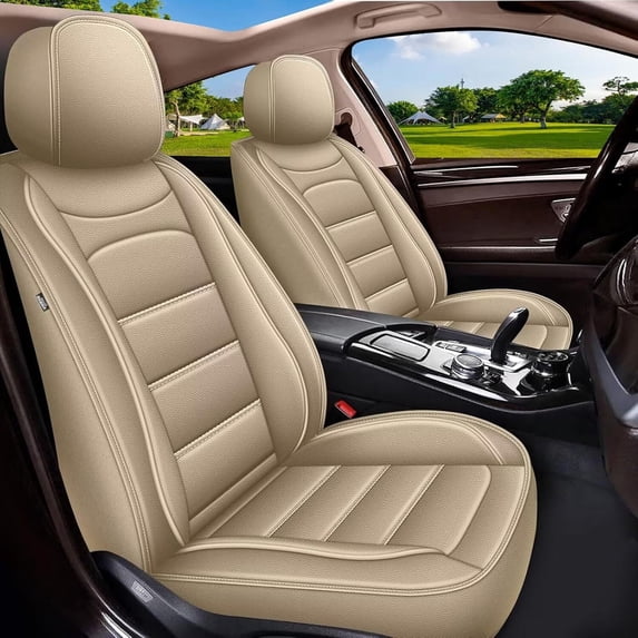 AOMSAZTO Car Seat Cover Faux Leather Waterproof Seat Protector Compatible Airbag Universal Fit for SUV Sedan Trucks(Beige,Front Seats)