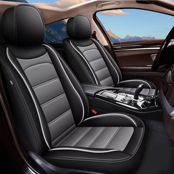 AOMSAZTO Car Seat Cover,Full Set Faux Leather Breathable Waterproof Seat Protector Compatible Airbag Universal Fit for SUV Sedan Trucks(Grey,Front Seats)