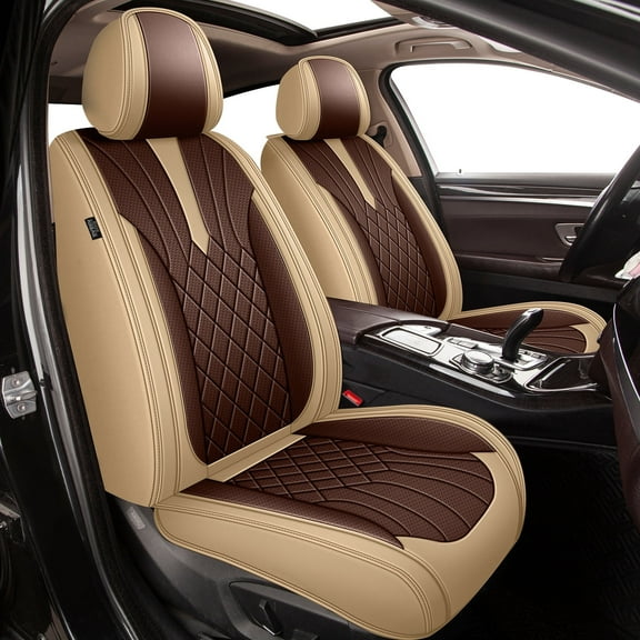 DIKSOAKR Car Seat Covers for Chevrolet Chevy Sonic 2012-2020, Breathable Perforated Faux Leather Seat Cover, 2 Front Seats Interior Automotive Accessories, Beige & Brown