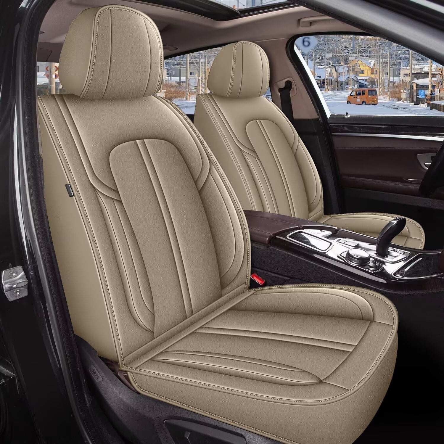 DIKSOAKR Car Seat Covers Fit for Ford F-150 2009-2025: First Row 2PCS Faux Leather Seat Covers Waterproof Automotive Seat Cushion Protector(2 Seats,Beige)
