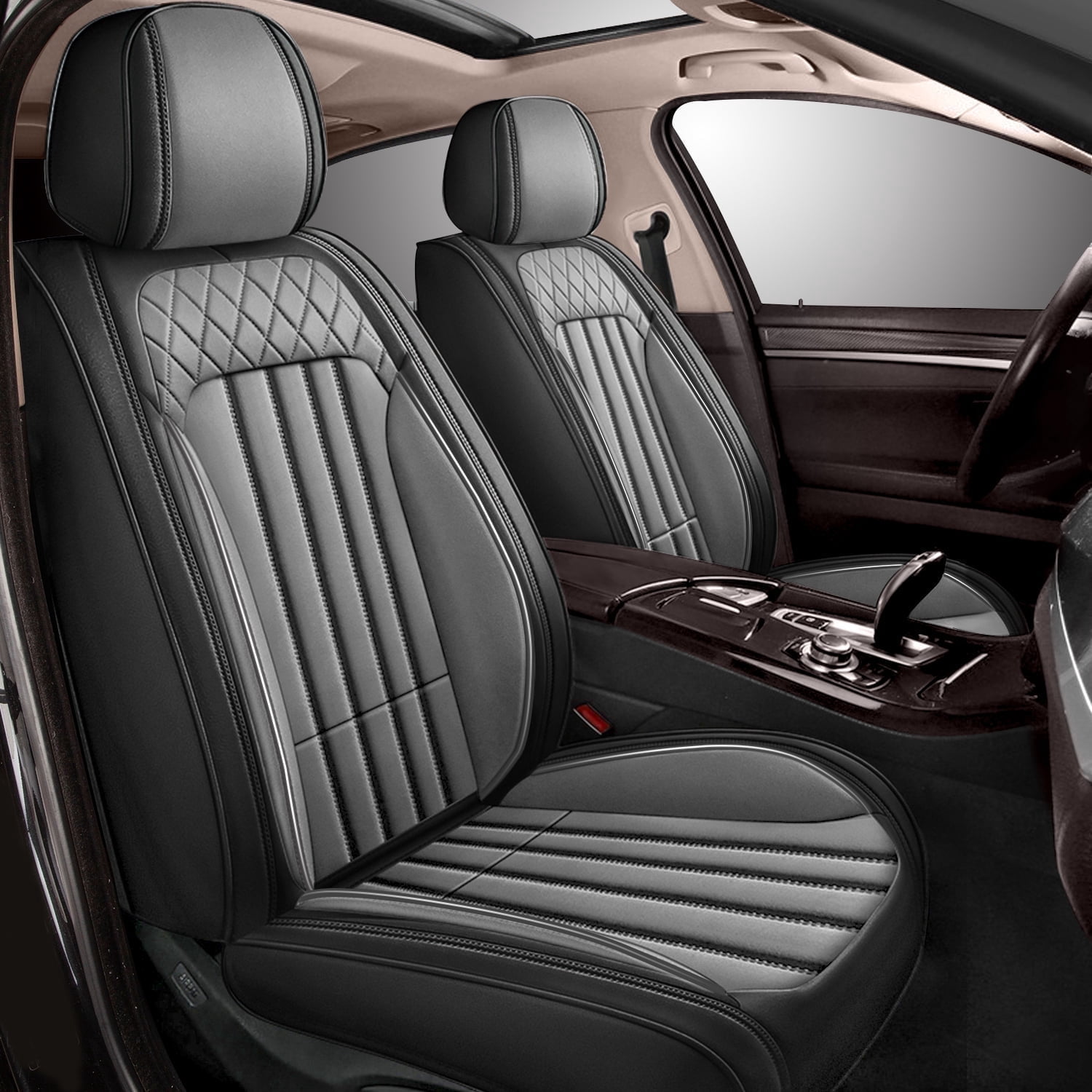 DIKSOAKR Car Seat Covers Fit for Toyota RAV4 2013-2025 Full Set Leather Seat Cushion Airbag Compatible Easy to Install(2 Seats,Black&Grey)