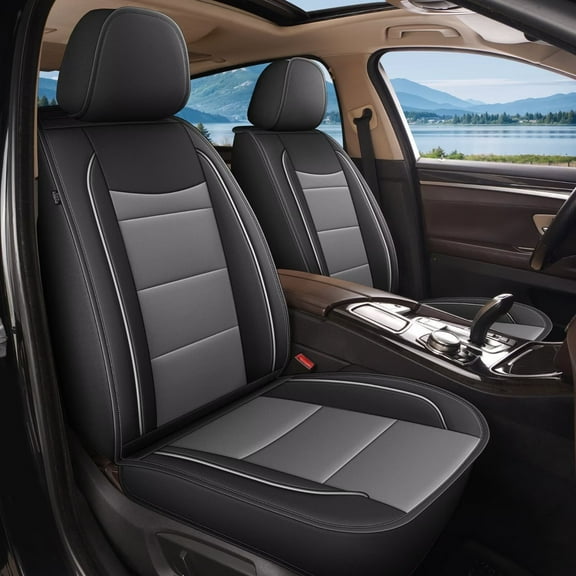 AOMSAZTO Car Seat Covers Front Seat Fit for Chevy Malibu 2007-2024 2025: Waterproof Leather Automotive Seat Cushion Protector（Black+Grey)
