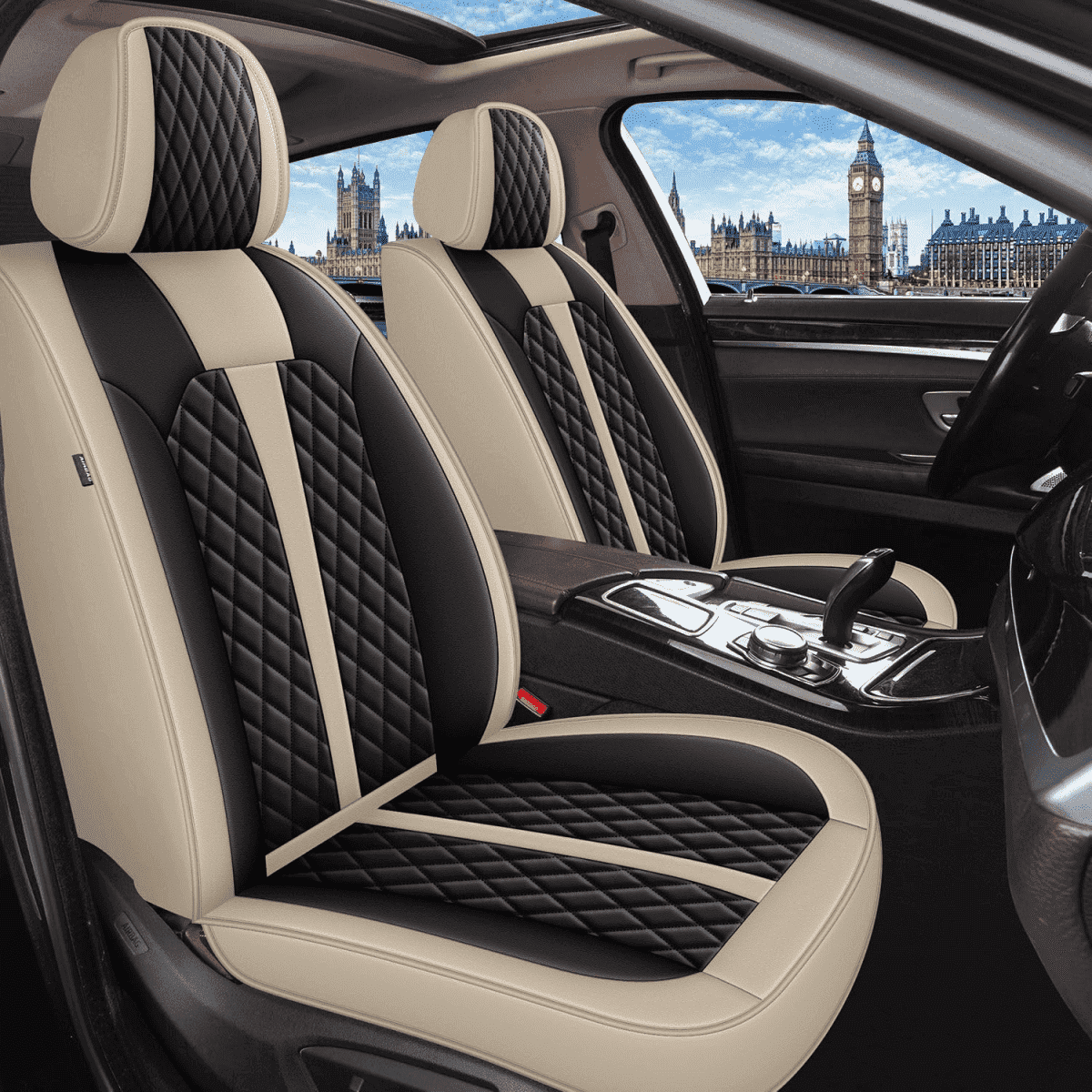 DIKSOAKR Car Seat Covers Full Set Fit for Buick LaCrosse 2008-2019: 5 Seat Auto Interior Accessories, Faux Leather Waterproof Car Seat Cushions Vehical Cover (Black&Beige)
