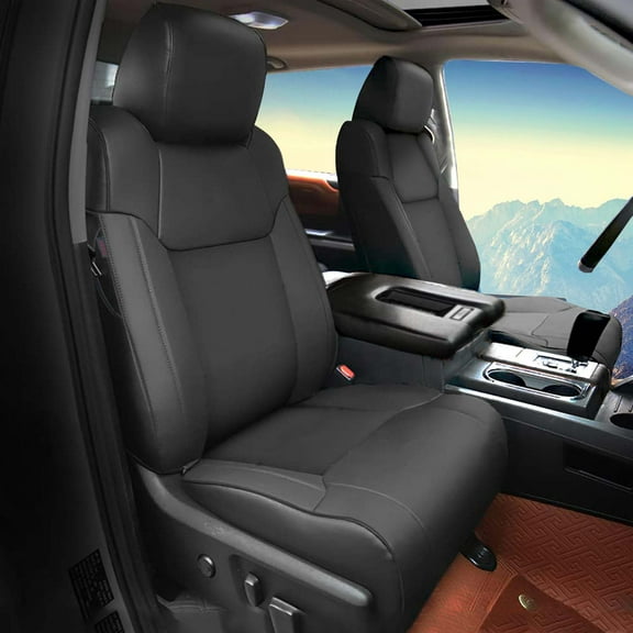 AOMSAZTO Custom Fit Seat Cover for Toyota Tundra 2014 2015 2016 2017 2018 2019 2020 2021 Crew Cab Full Set Faux Leather Truck Seat Covers Compatible Airbag Tundra Seat Protector Black