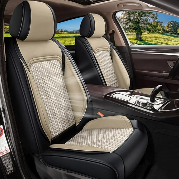 DIKSOAKR Fit Subaru Outback 2010-2024 Car Seat Cover 5-seat Ice Silk Faux Leather Full Breathable ((Black&Beige)