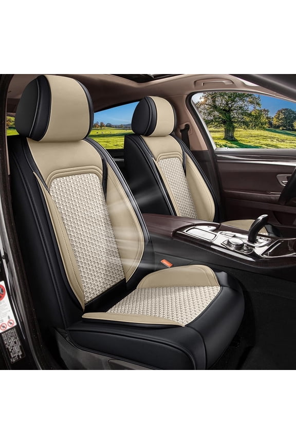 Fit for Nissan Frontier 2009-2024 Car Seat Cover 5-seat Ice Silk+Faux Leather Full Breathable ((Black&Beige)