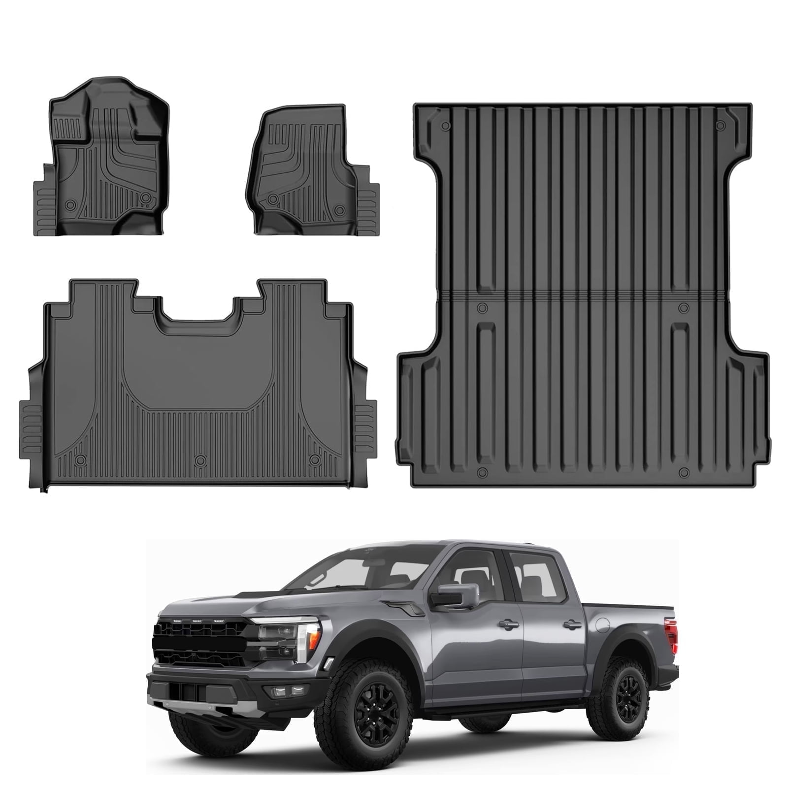 DIKSOAKR Floor Mats and 5.5FT Truck Bed Mat for 2015-2024 Ford F150 Super Crew Cab - TPE All Weather Custom Fit Car Accessories 1st and 2nd Row Full Set Car Liners ,Black
