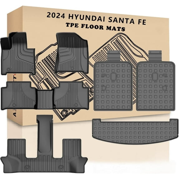 IKABEVEM Floor Mats Compatible with 2024 2025 Hyundai Santa fe 7/8 Seat Gasoline Cargo Liner & Backrest Mat TPE All Weather Protection Floor Mat Include 1st 2nd 3th Trunk Mat, Black
