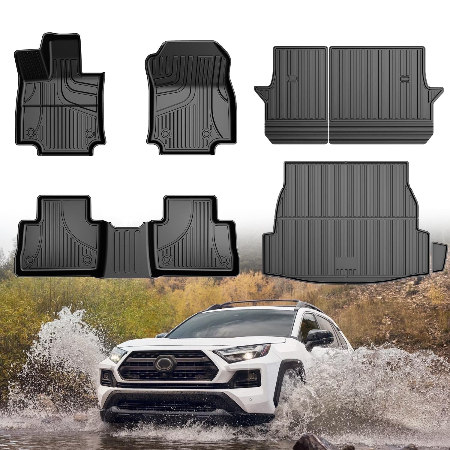 DIKSOAKR Floor Mats & Cargo Liners Compatible with 2025 2024-2019 Toyota RAV4 (Include Hybrid), Full Set All Weather TPE Floor Mats Back Seat Cover Protector Trunk Mats