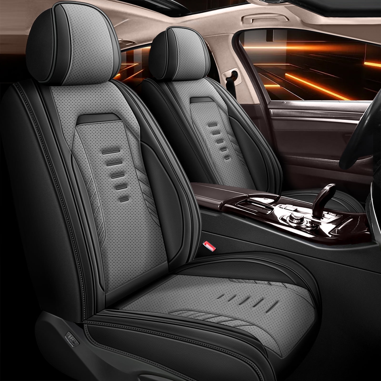 DIKSOAKR Full Set Seat Covers for Toyota RAV4 2013-2018, Breathable Perforated Faux Leather Car Seat Cover 5 Seats Interior Automotive Accessories (Black&Grey)