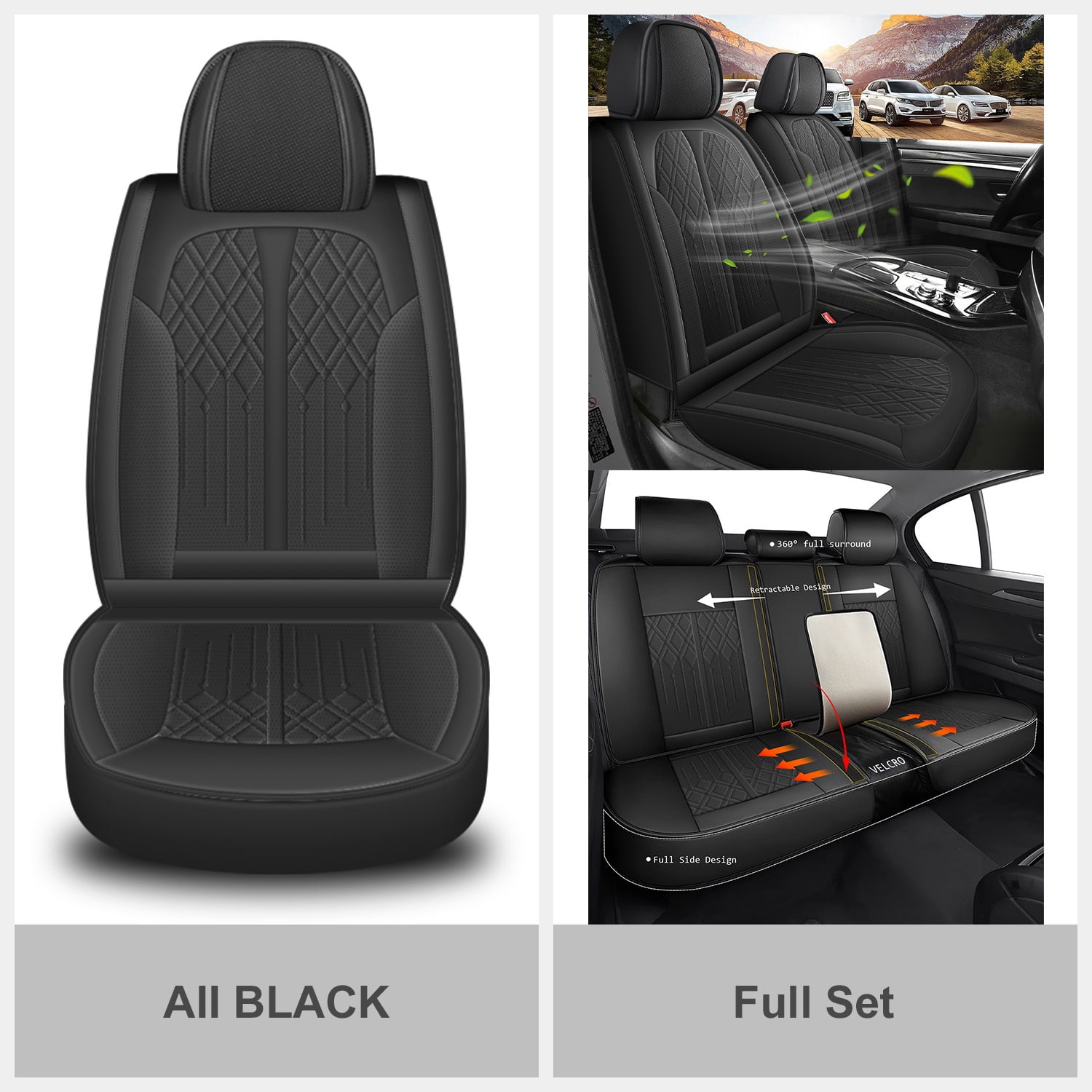 Black PU Leather Seat Covers Full Set - Padded, Soft Protector For Kia & Hyundai Cars